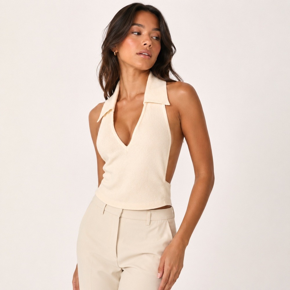 WeWoreWhat Collar Halter Rib Knit Womens Whisper White L NWT Open Back